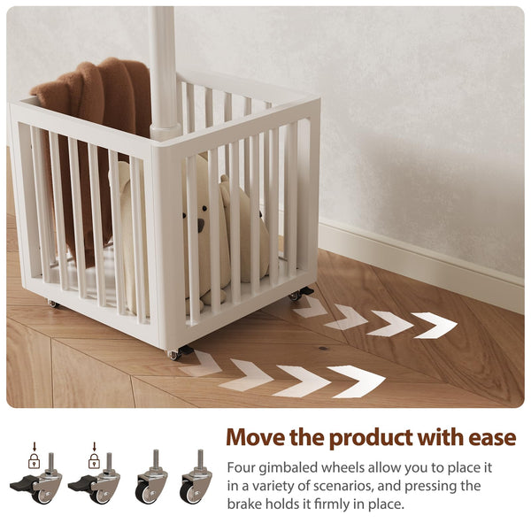 Freestanding Wood Coat Rack with 10 Hooks & Rolling Wheels