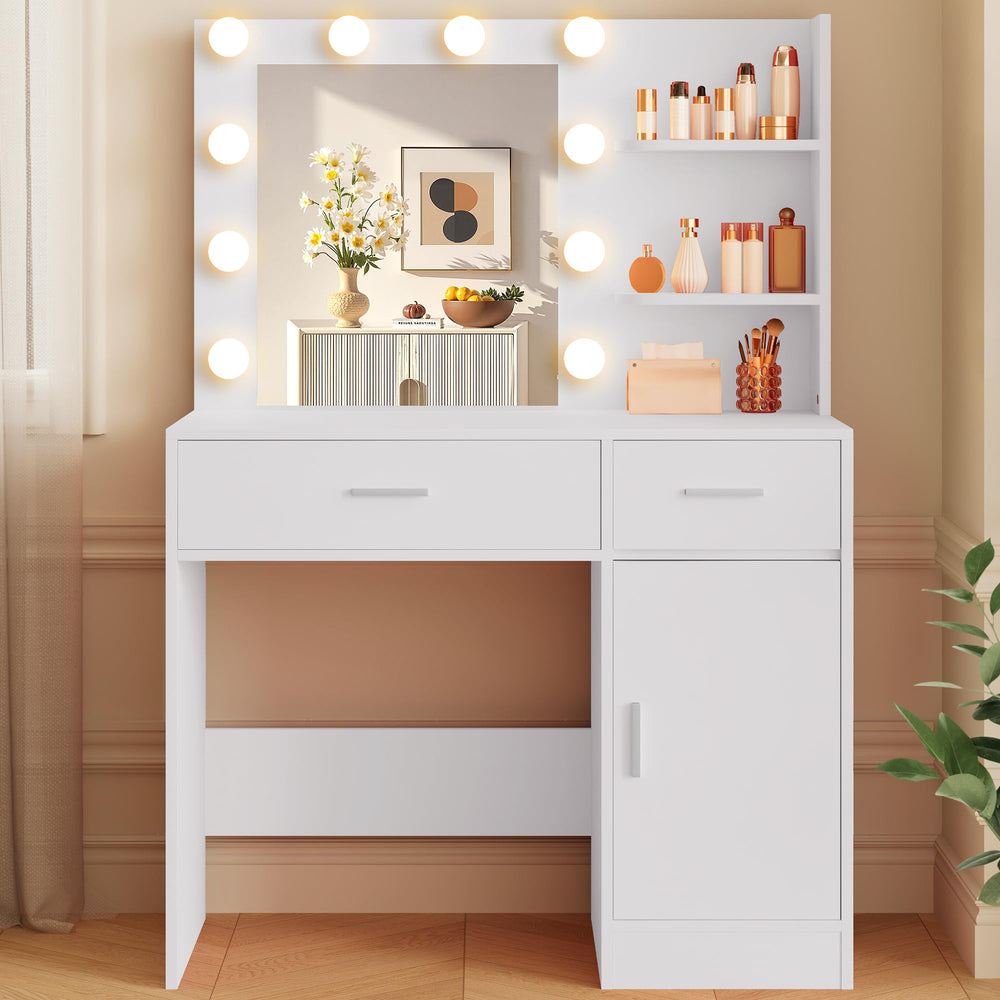 Lighted Makeup Vanity Desk with Mirror, Drawers & Storage Cabinet – White