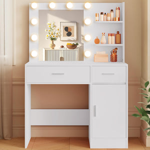 Lighted Makeup Vanity Desk with Mirror, Drawers & Storage Cabinet – White