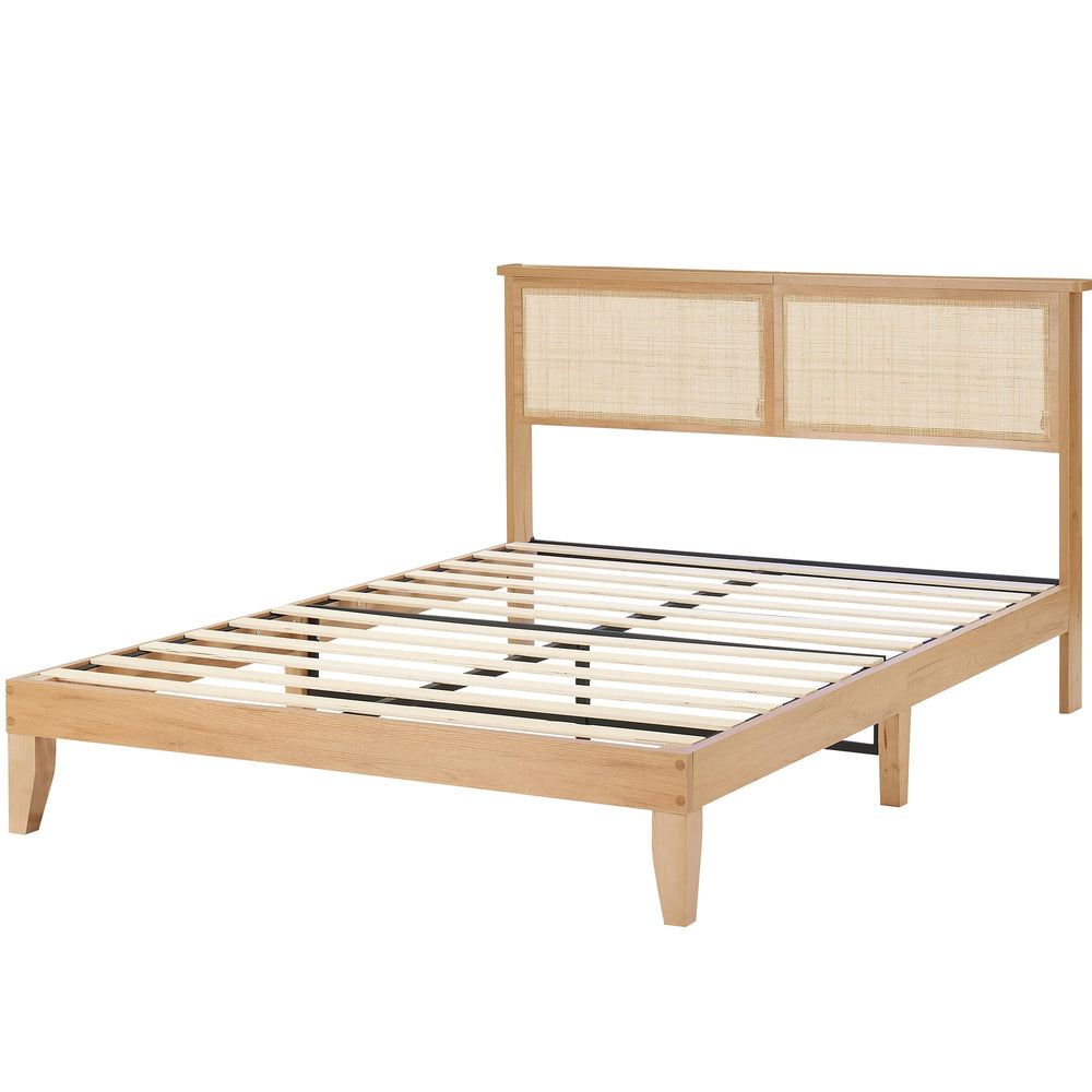 Rattan Platform Bed Frame with LED Lights & Storage