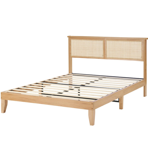 Rattan Platform Bed Frame with LED Lights & Storage