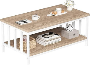 2-Tier Farmhouse Coffee Table with Slatted Sides & Metal Frame