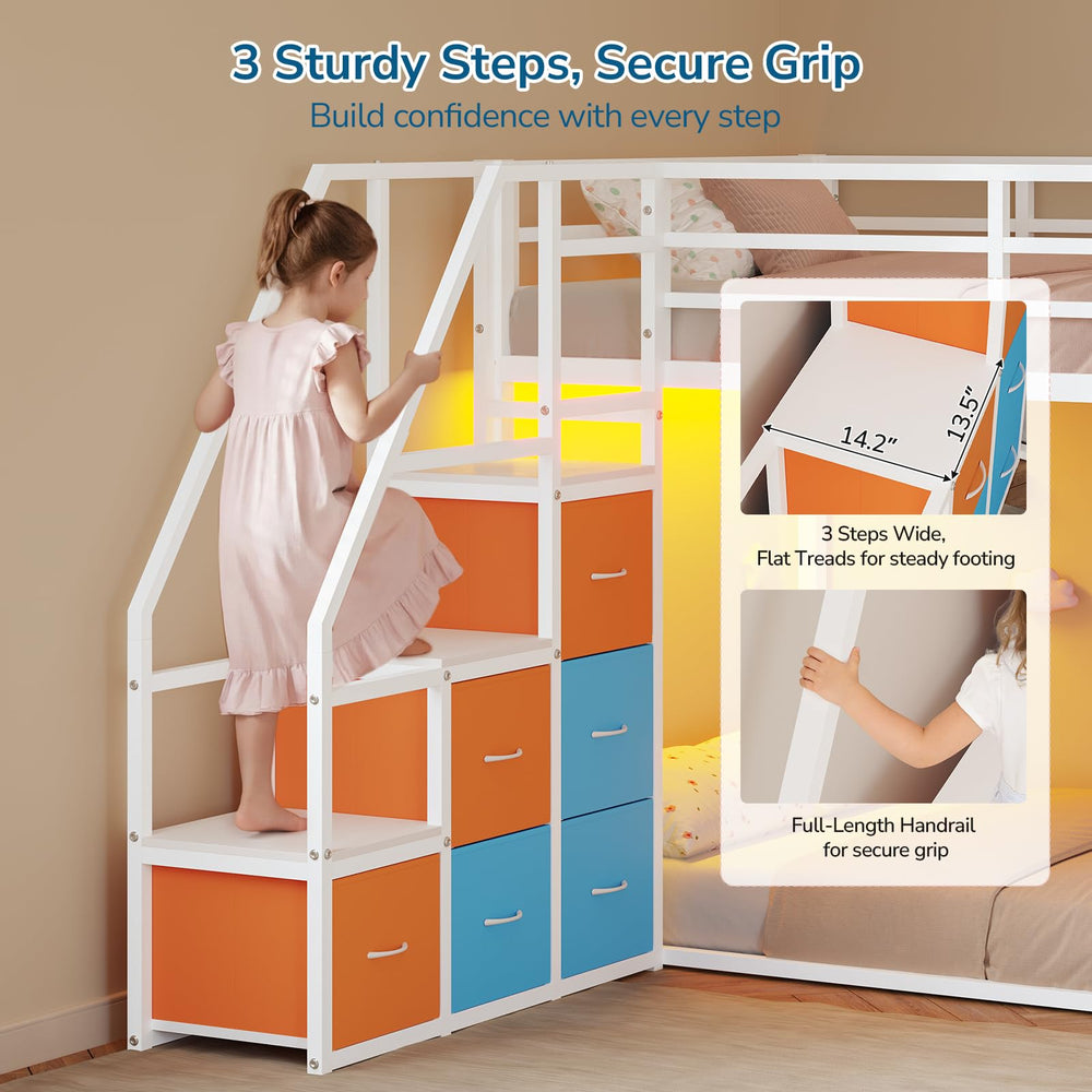 Twin Over Twin Low Bunk Bed with Storage Drawers and LED Lights