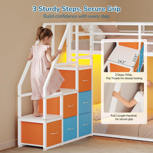 Twin Over Twin Low Bunk Bed with Storage Drawers and LED Lights