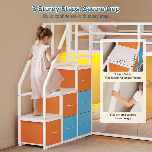 Twin Over Twin Low Bunk Bed with Storage Drawers and LED Lights