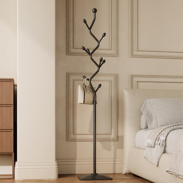 Tree-Shaped Metal Coat Rack Stand with 8 Hooks & Cast Iron Base