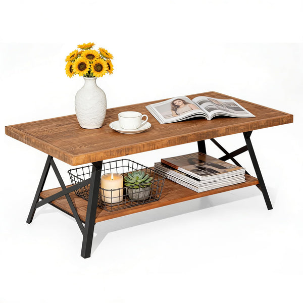 Rustic Brown 2-Tier Pine Wood Coffee Table with Metal X-Legs