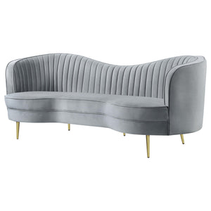 Gray Velvet Channel Tufted Sofa with Inverted Camelback