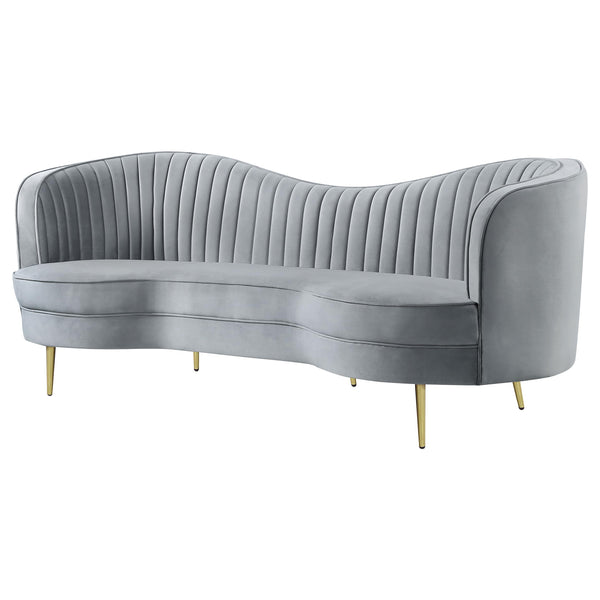 Gray Velvet Channel Tufted Sofa with Inverted Camelback