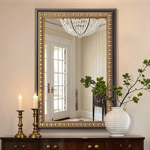 Baroque Wall Mirror – Vintage Gold Rectangular Wood Frame