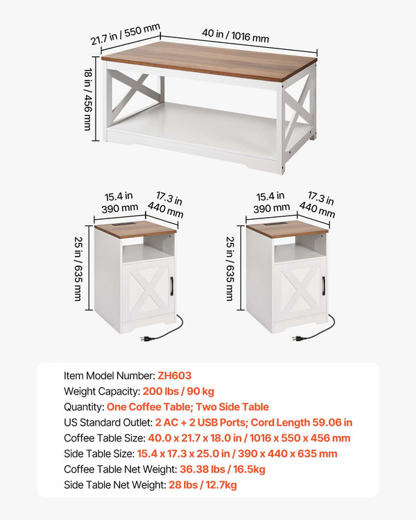 3-Piece Farmhouse Coffee Table Set with Charging Station