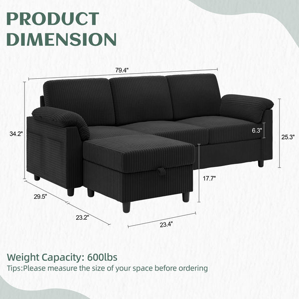 L-Shaped Sectional Sofa with Ottoman & Removable Pillows