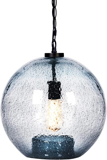 Hand Blown Glass Globe Pendant Light – Rustic Farmhouse Hanging Ceiling Fixture
