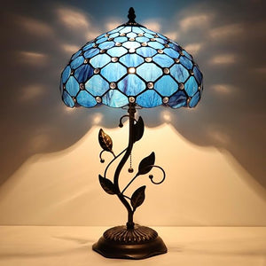 Tiffany Stained Glass Table Lamp with Metal Leaf Base