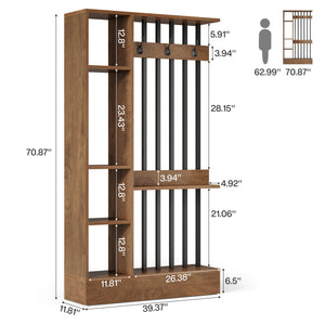 Modern Wood Room Divider with Open Shelves & Coat Hooks – Brown