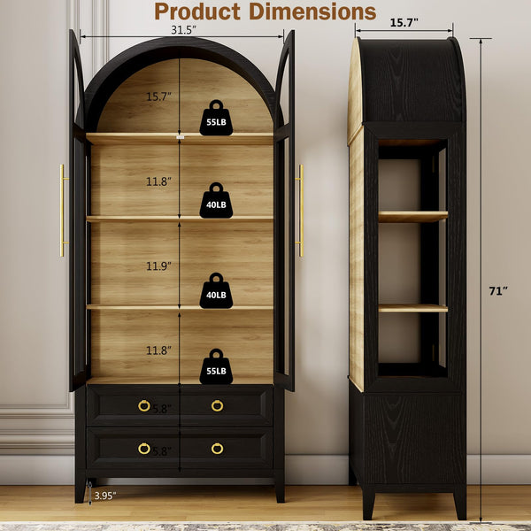 71" Arched Display Cabinet with LED Lighting & Glass Doors