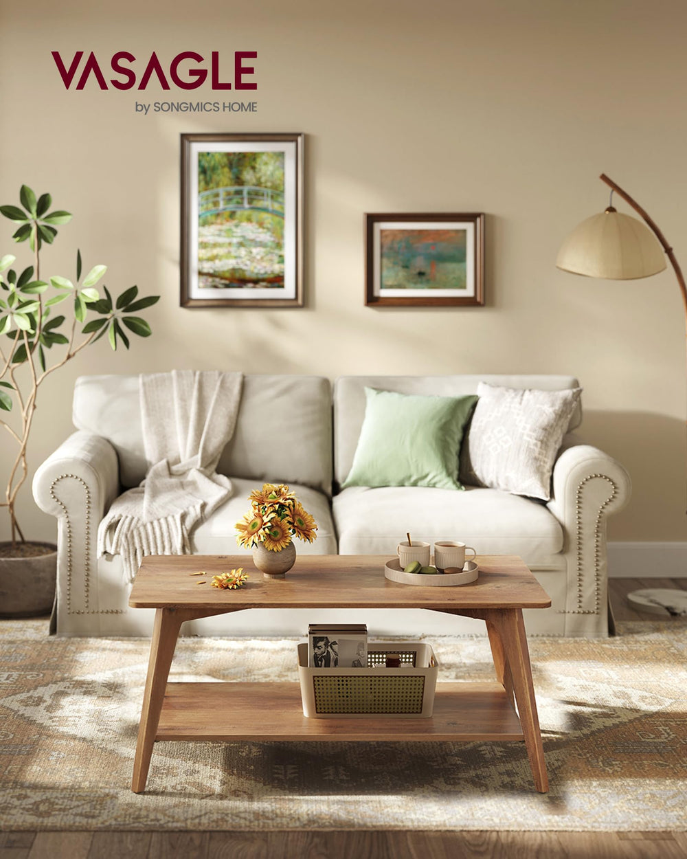 2-Tier Coffee Table with Storage Shelf and Tapered Legs