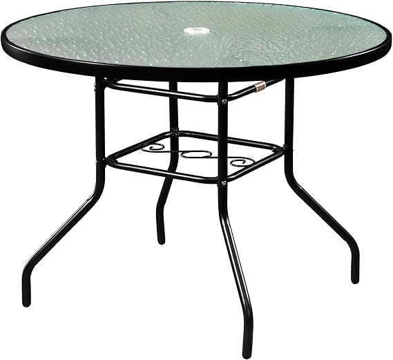 Round Outdoor Patio Dining Table – Steel Frame & Glass Top