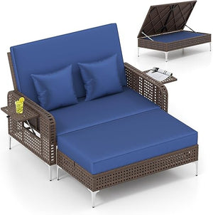 Patio Rattan Daybed with Adjustable Backrest & Storage Ottoman