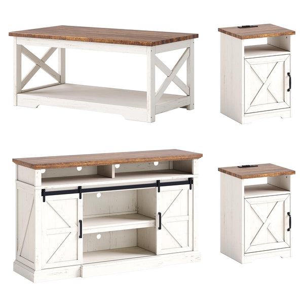 Farmhouse 4-Piece Living Room Furniture Set with 66" TV Stand, Coffee Table & 2 End Tables