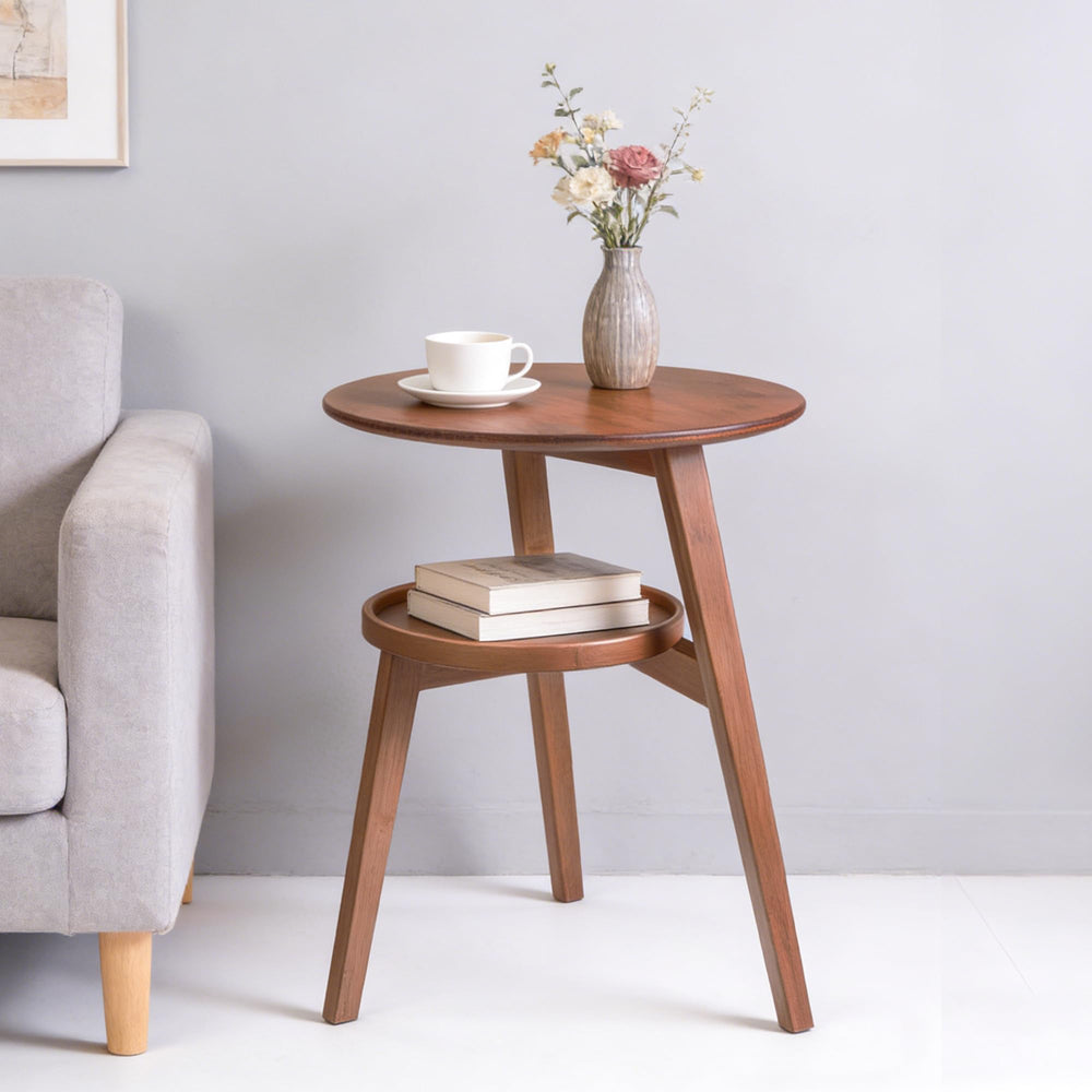 Bamboo Round 2-Tier End Table with Storage Shelf