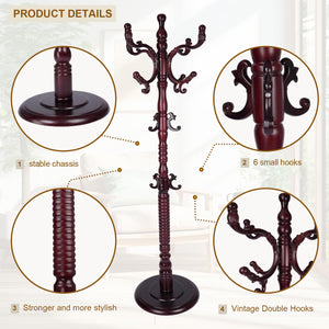 Freestanding Wooden Coat Rack with 18 Hooks