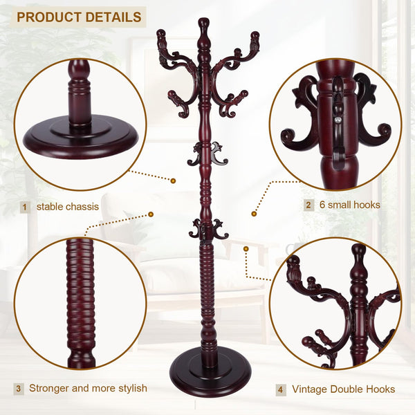 Freestanding Wooden Coat Rack with 18 Hooks