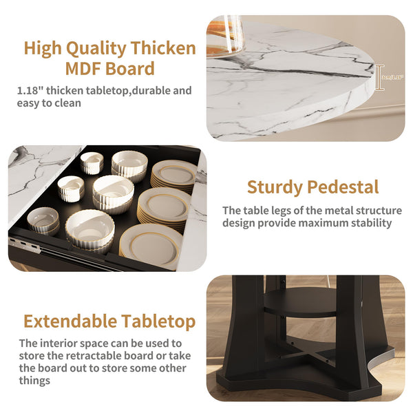 Expandable Round to Oval Dining Table with 2-Tier Storage Shelves