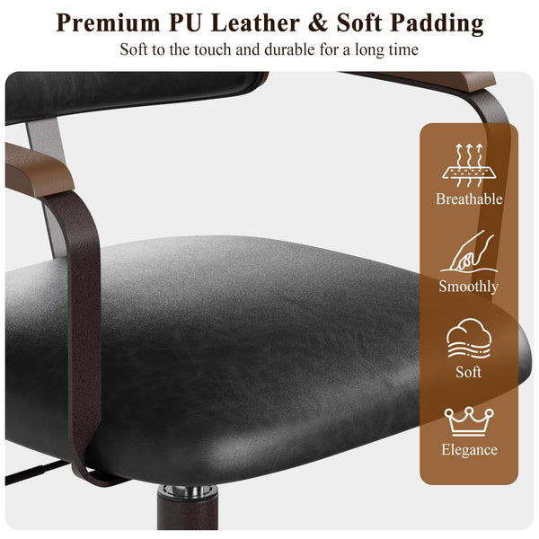 Mid-Century Modern Swivel Desk Chair – PU Leather, Walnut Bentwood Back, Black