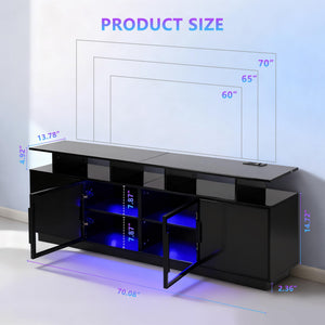70-Inch Black TV Stand with LED Lights & Glass Doors