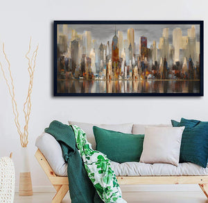 New York Cityscape Framed Canvas Wall Art – 29x58 Brown Abstract