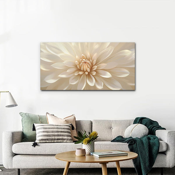 Large Floral Canvas Wall Art – White Gold Botanical Print