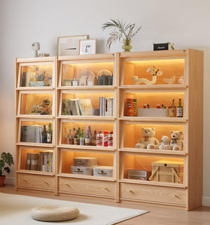 Tall Solid Wood Bookcase with Glass Doors and LED Lights