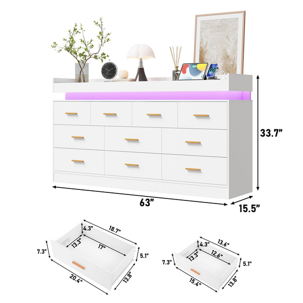10-Drawer Dresser with Power Outlet and LED Light