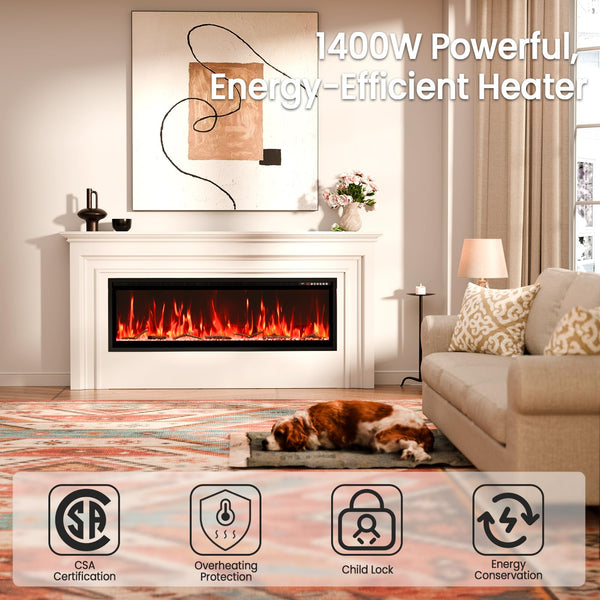 60" Smart Electric Fireplace – Wall Mount or Recessed, App & Voice Control