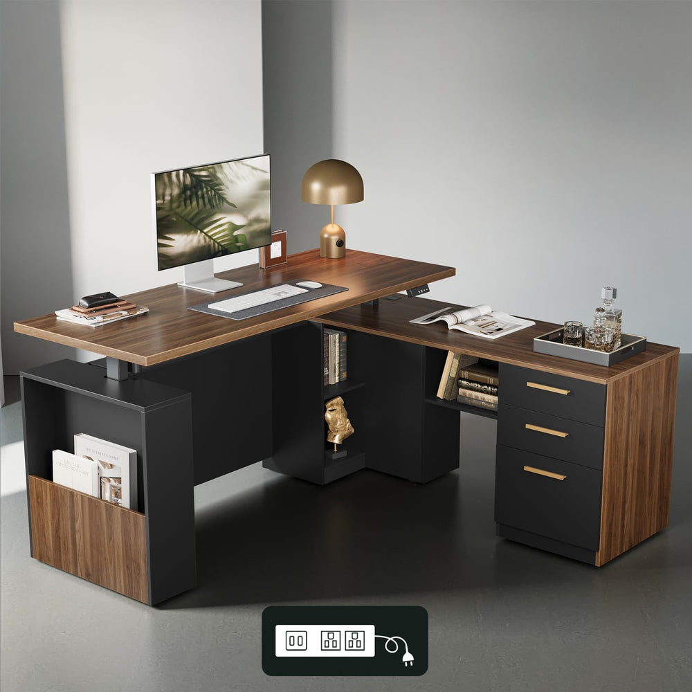 63-Inch L-Shaped Electric Standing Desk with File Cabinet & Privacy Panel