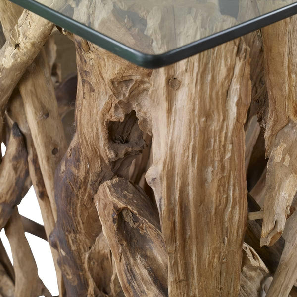 Reclaimed Teak Wood Console Table with Clear Glass Top