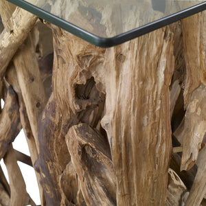 Reclaimed Teak Wood Console Table with Clear Glass Top