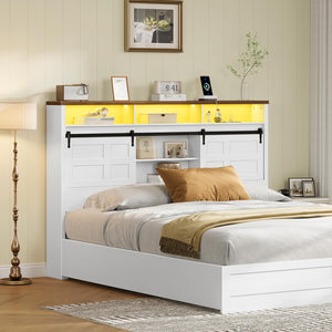 Queen Size Headboard with Storage, LED Lights & Charging Station