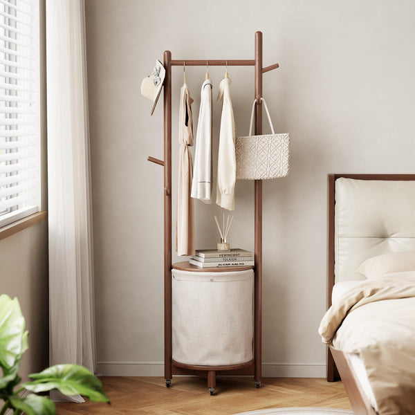 Freestanding Wood Coat Rack with Hooks, Wheels & Fabric Basket