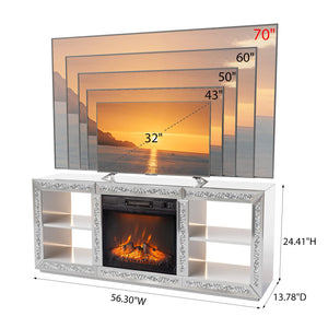 Mirrored Fireplace TV Stand with Electric Fireplace & LED Lights – Silver, 56" Wide