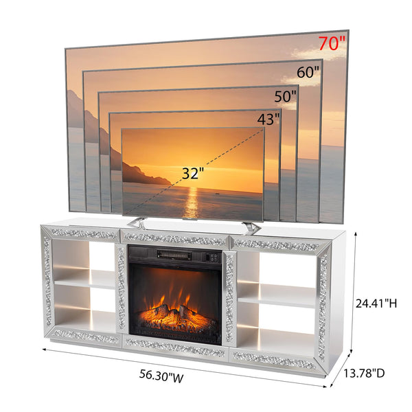 Mirrored Fireplace TV Stand with Electric Fireplace & LED Lights – Silver, 56" Wide