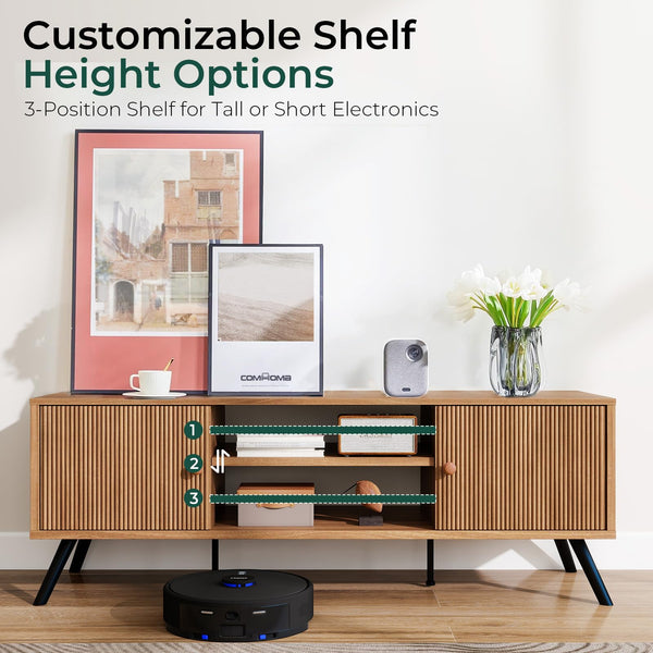 Mid-Century Modern TV Stand with Fluted Door Cabinets