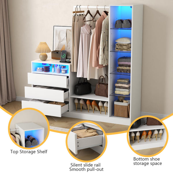 LED Wardrobe with Hanging Rod, Drawers & Charging Station