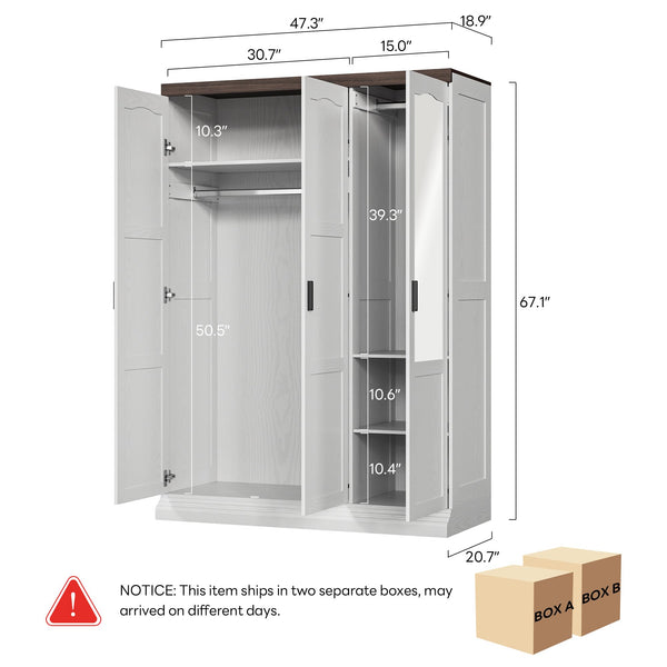 3-Door Wardrobe Closet with Mirror, Hanging Rods & Shelves – White Bedroom Armoire