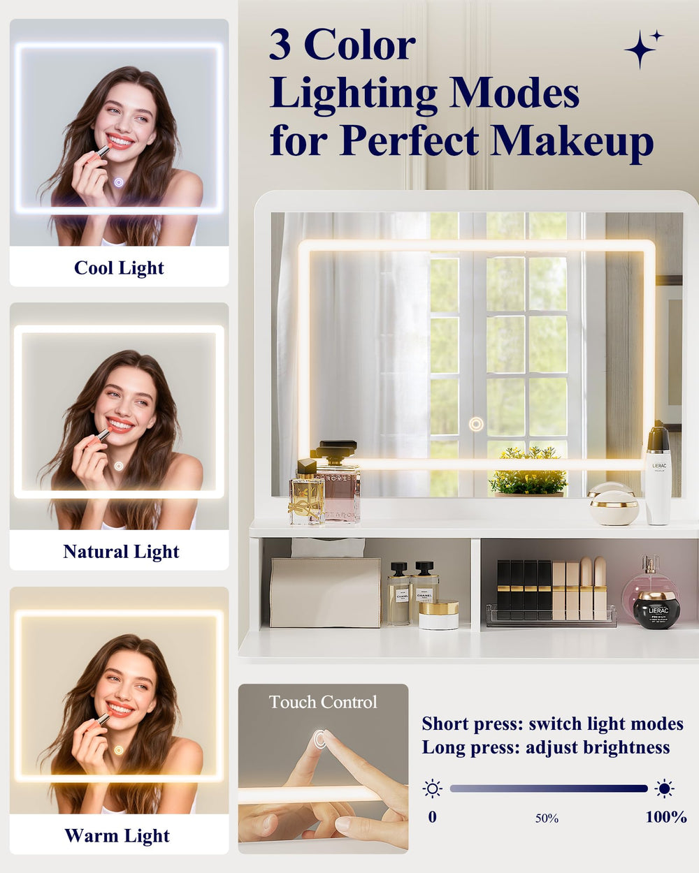 Lighted Vanity Desk with Mirror & Storage Drawers