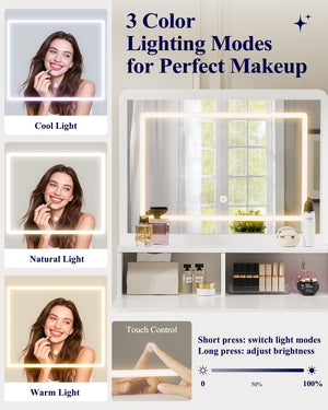 Lighted Vanity Desk with Mirror & Storage Drawers