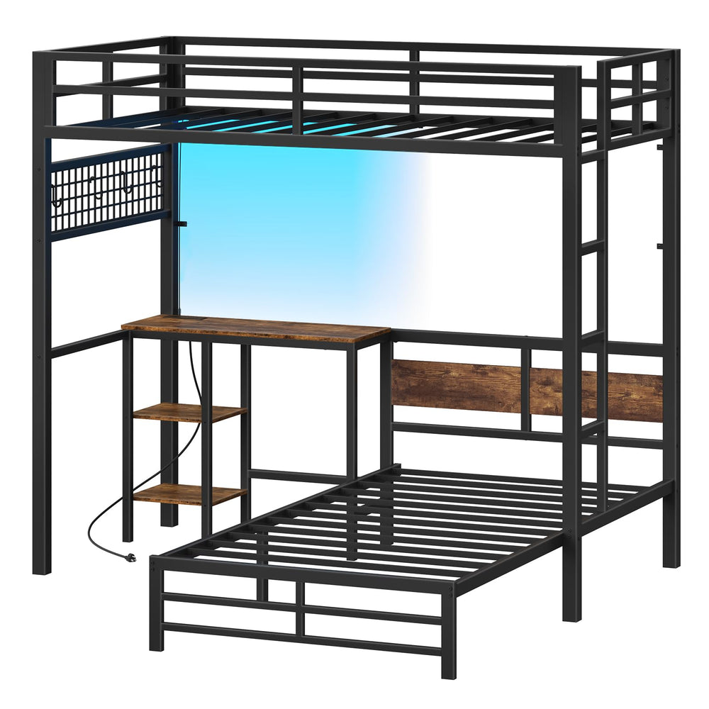 Twin Over Twin L-Shaped Bunk Bed with Desk, LED Lights & Stairs