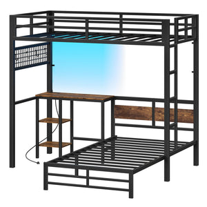 Twin Over Twin L-Shaped Bunk Bed with Desk, LED Lights & Stairs