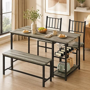 4-Person Dining Table Set with Bench, Wine Rack & Storage